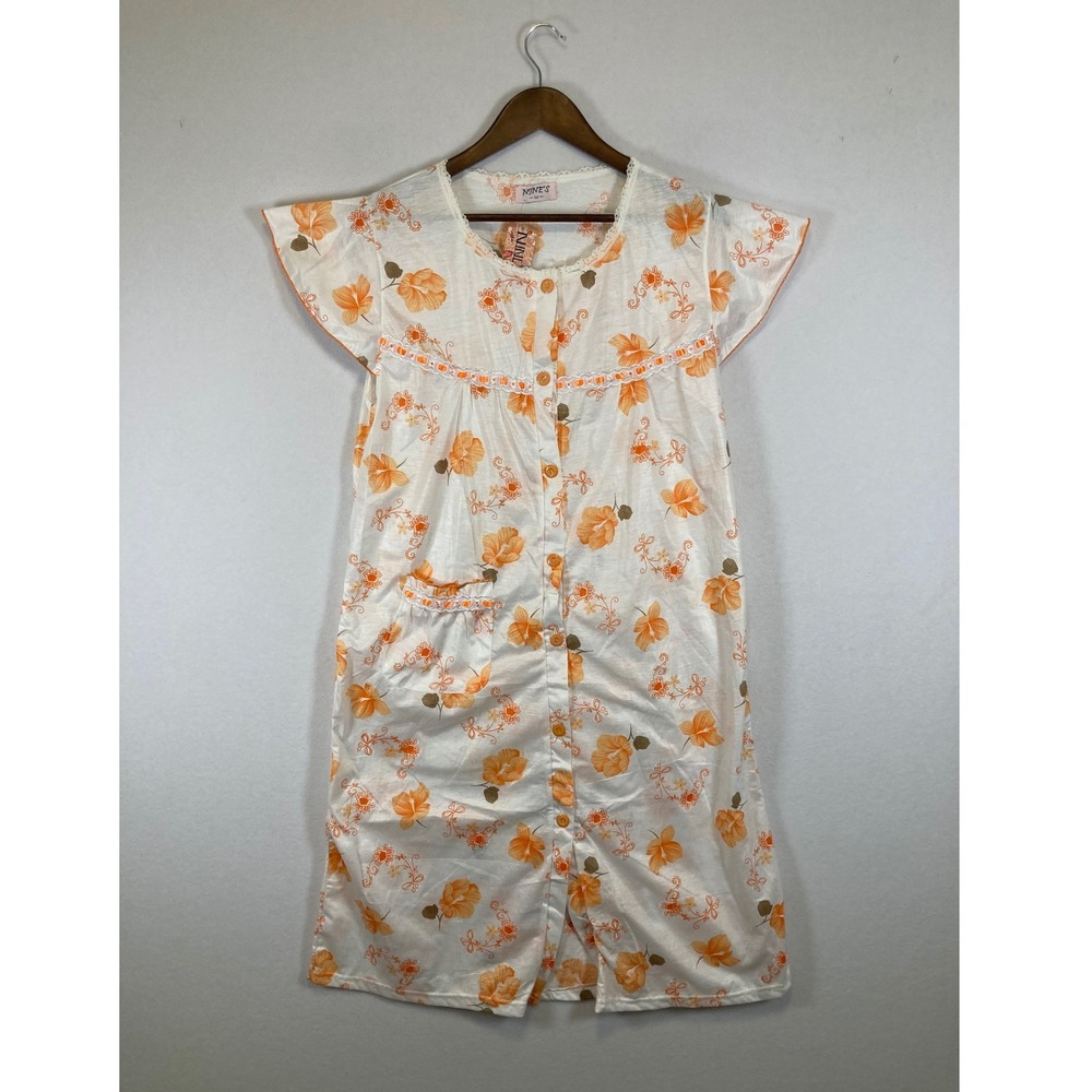 Nines Nightgown Women Medium Orange Floral Button Front Lace Trim NEW‎